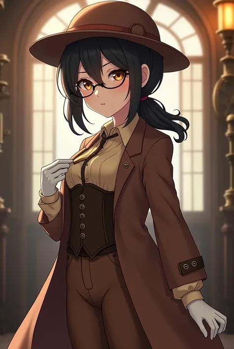 1 anime girl, height is 150 cm, eyes brown, black hair, tied low to the side, round gear frame side eye glasses, steampunk, classic, analog, phantom thief, brown robe, brown classic hat, brown shirt, long sleeves, brown blazer, dark brown corset, brown lon...