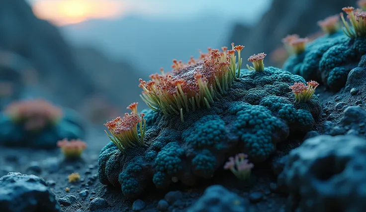 An emotionally charged macro shot of the sharp, jagged rocky surface of an alien BIOMECÁNICO planet, illuminated by the faint, distant glow of a far-off sun. Alien lichens and mosses, with vibrant and intricate designs, release dark black spore clouds from...