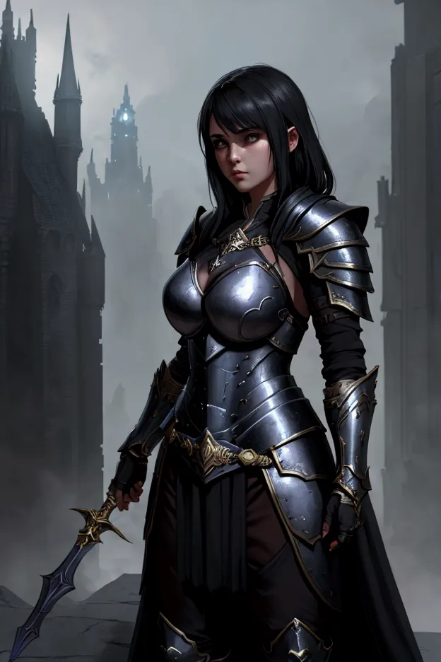 1 girl, armor, female focus, dark fantasy city background, whfrpgchara style