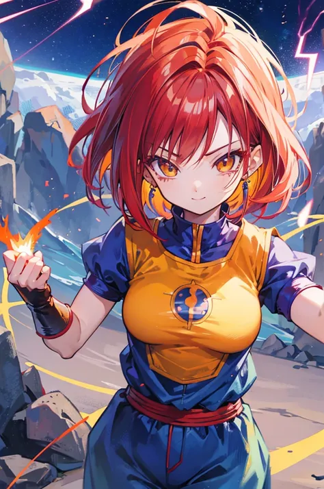 dragon ball, cute saiyan girl, little young, crimson hair, yellow eyes, , smile, electricity, aura, energy, focus on face, vegeta blue combat outfit