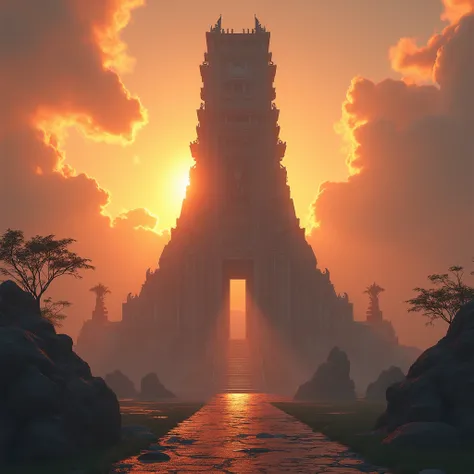 REALISTIC STOIC TEMPLE , with sunset,  SUNRAYS BETWEEN CLOUDS, centered, warm colors