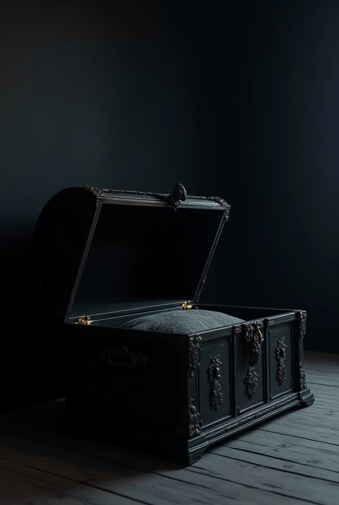 Create an image of a black box chest bed with the lid raised