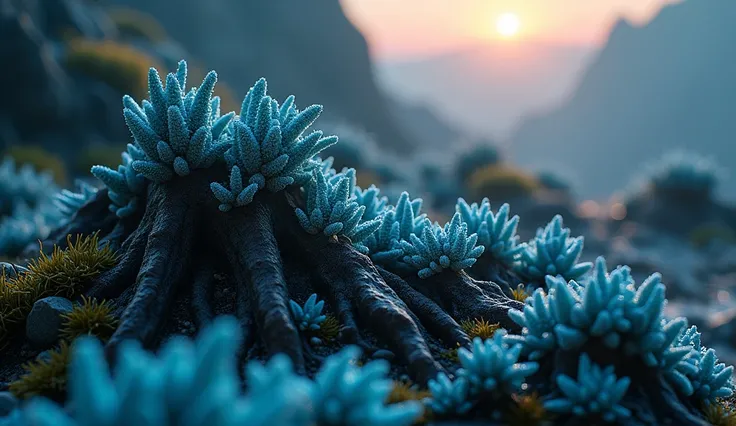 An emotionally charged macro shot of the sharp, jagged rocky surface of an alien LIWUEN Y MUZGO NEGRO BIOMECÁNICO planet, illuminated by the faint, distant glow of a far-off sun. Alien lichens and mosses, with vibrant and intricate designs, release dark bl...