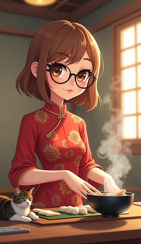 A cartoon, Manga hentei -style character with an oval face and thin-rimmed round glasses, blending human and sloth-like features in a unique, whimsical way. She is dressed in a sexy and elegant Chinese-inspired outfit, with a beautifully detailed design. H...