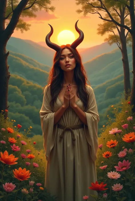 A beautiful and vast grassy forest with trees and several flowers of different colors with a hill in the background from which a very bright sun rises with a sky .  A red-skinned woman with almond eyes with large horns and black nails smiles tenderly and w...