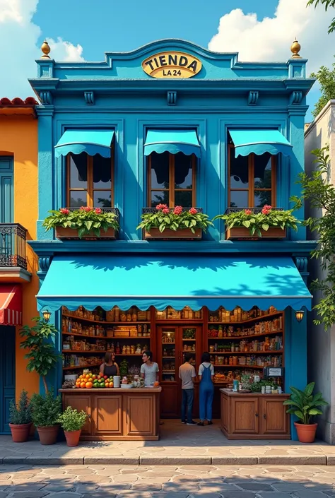  a Latin American neighborhood store called "Tienda la 24 " with bluish colors