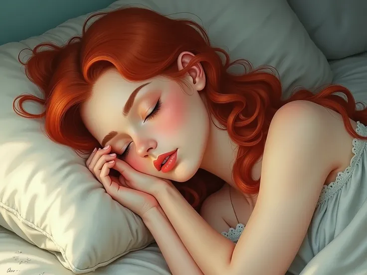 Anime style, eyes closed, sleeping, Beautiful, woman, vivid, wavy red hair, long flowing hair, pale skin, flawless. delicate, ethereal, with large, expressive eyes that are light blue, soft, serene expression. full, soft pink lips, slightly parted, dreamy ...