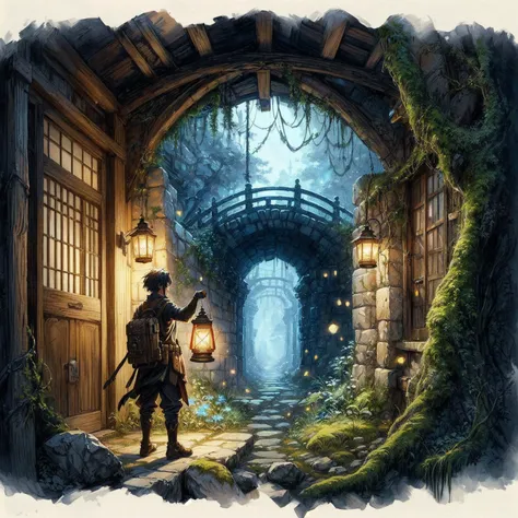 anime, painting of a man holding a lantern in a doorway, highly detailed fantasy art, fantasy rpg book illustration, el bosco and dan mumford, detailed fantasy illustration, wide angle fantasy art, studio ghibli and dan mumford, magical fantasy 2 d concept...