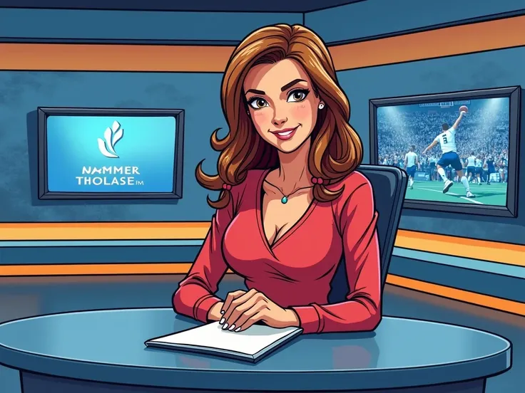 Create an image of a 30-year-old woman reporting sports news in a news studio. She should be depicted as a cartoon character, showcasing a vibrant and dynamic style typical of comic book illustrations. The setting should include typical studio elements lik...