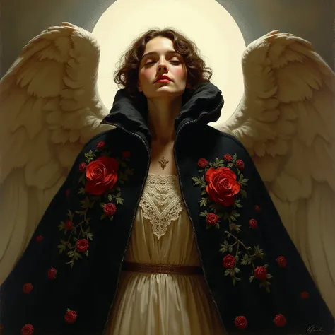 Art by John Singer Sargent. An angel is surrounded by a stately black cloak, the material richly embroidered with red flowers. The cape is embellished with a delicate lace collar, creating an angelic elegance. The angels face is subtly contoured, emphasizi...