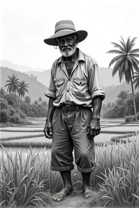 Picture of a farmer in the Philippines (make it black and white) drawing type