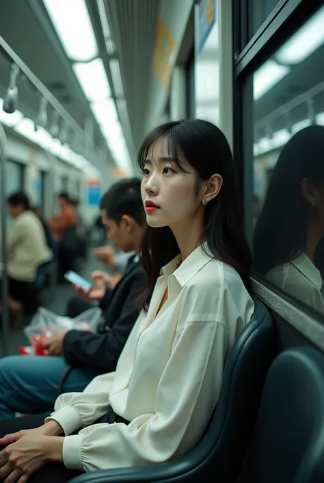 Hyperrealistic first-person photography from the seat of a CDMX Metro car, perspective of a seated passenger showing the row of seats directly in front, intimate and realistic distance (approximately 1 meter), typical fluorescent subway lighting. The passe...