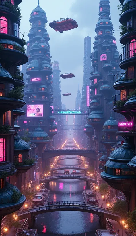 A high-angle view of futuristic New York filled with uniquely designed skyscrapers, vibrant neon lights, and advanced flying vehicles. The buildings have imaginative, intricate architecture, with spiraling shapes, glass domes, and vegetation integrated int...