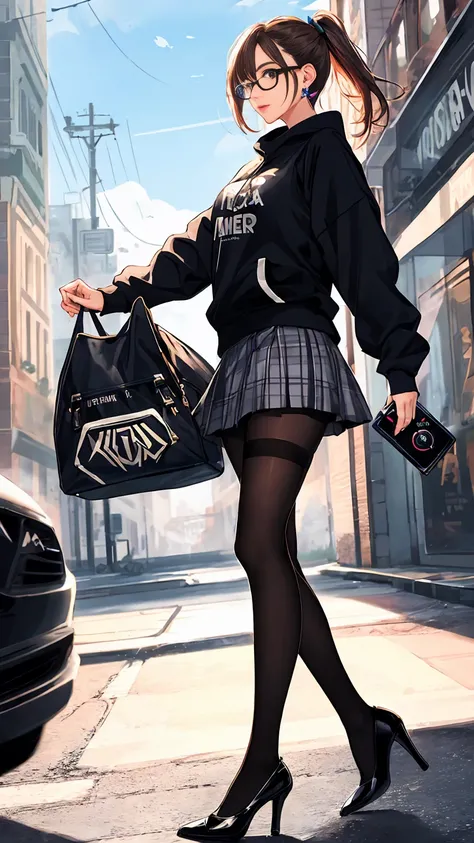 beautiful girl, gamer, glasses, bow earring, sweatshirt, very short skirt, tights, high heels, realistic physics in clothes, ray tracing