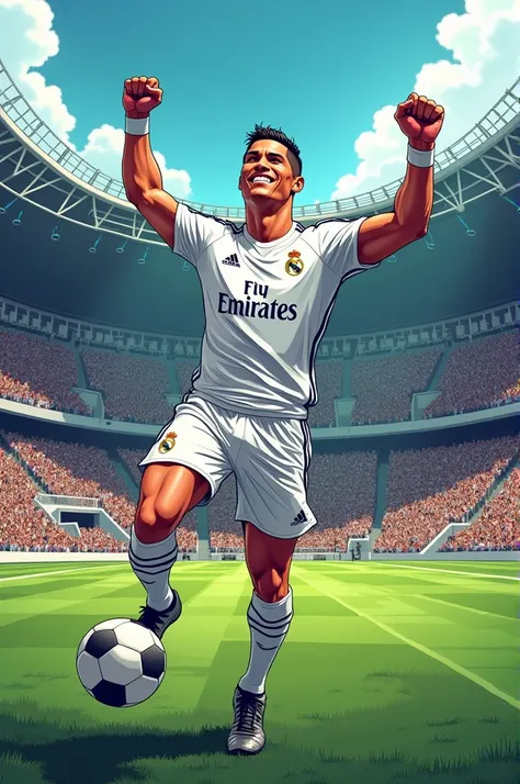 Cristiano Ronaldo in Real Madrid uniform at the Bernabéu doing the SIU in a comic