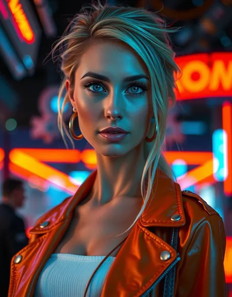 cinematic, photo of a blonde nordic woman facing the camera directly in New York, extreme close up shot, revealing decollete dress, high cleavage, orange leather high fashion jacket, futuristic wearable minimalist tech, heavy blue and  orange tones, retro ...