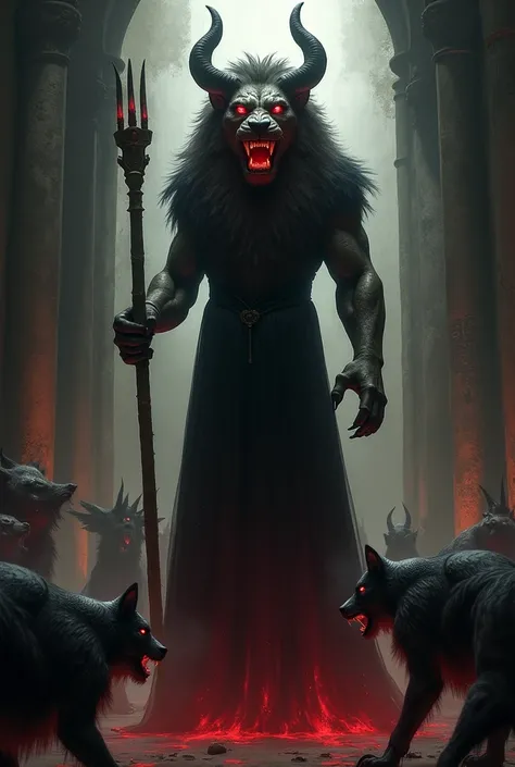 Create an illusionary image of Lion devil in black theme red-eyes. Wearing black long dress, having stick in his hand, standing in his temple and other creature animals are around him, very dramatic illusion, horror and thrilled.”