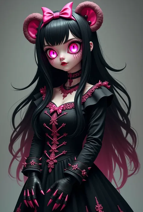 appearance:  Kumaya has a teddy bear body similar to that of Bartolomew Kuma,  but with ugly .  She has long black hair with pink highlights ,  features and her eyes are deep pink .  She wears a pink ribbon on her head and a black dress with pink details ....