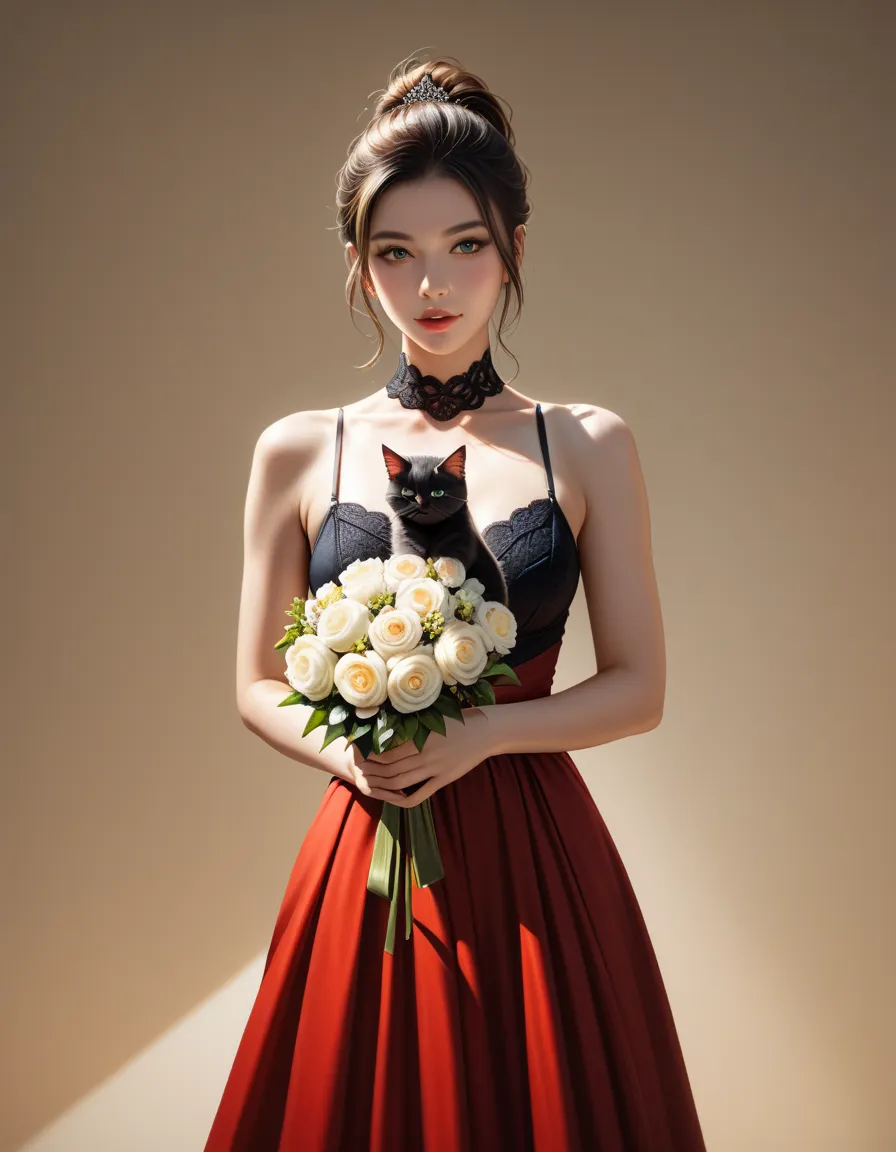 a beautiful japanese woman with ponytail hairstyle wearing black sleeveless top and red evening dress holding a bouquet, a biped...