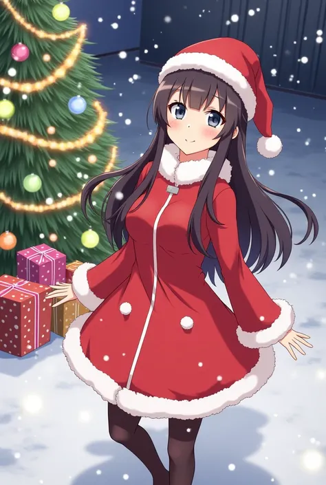 Create an anime-style illustration of Nezuko Kamado from Demon Slayer with a Christmas theme. She should be wearing a Santa hat and a red festive outfit with white fur trim. The background should feature a snowy holiday setting, including a decorated Chris...