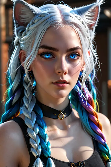 1woman, Long Hair, White Hair, Multicolored Hair, Gradient Hair, Floating Hair, Multiple Braids, evil look, piercing Blue eyes, Horizontal Pupils, cat ears, 8K Octane, Digital Art, Hyperrealism, Photorealistic, Soft Lighting, Unreal Engine, Depth Of Field,...