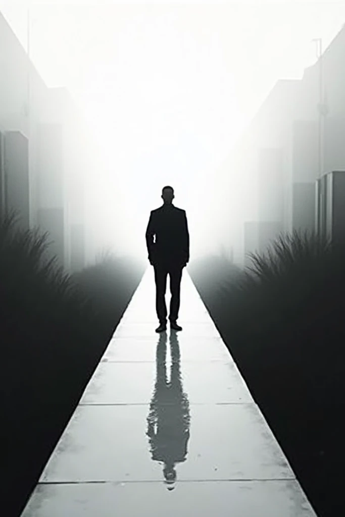 Picture of a man in a white and black silhouette walkway scene looking surprised