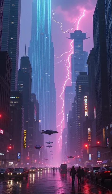 Futuristic Cyberpunk New York, Glowing skyscrapers and hovering vehicles, A sprawling urban jungle under a neon-lit sky, An atmosphere of dystopian grandeur, Vivid and electrifying, Cascading luminescent rain, lightning.