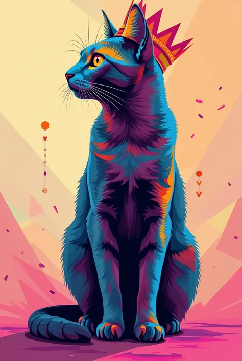 A cat wearing a modern pop art style crown is facing its side,  design that naturally incorporates geometric twists and rainbow nuances