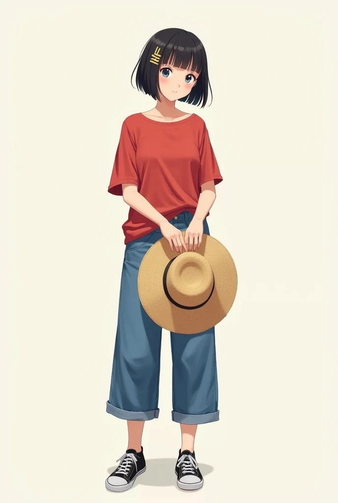 anime, Woman with short straight black hair with a clip on one side wears loose red t-shirt jeans comprida and sneakers preta e segurando um chapel de palha feminino 