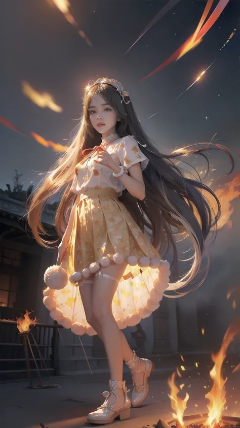  highest resolution, 日本人woman, 1 person, ( whole body, legs and shoes visible: 1.2))  expressive eyes , woman, Pale skin, Long Hair,   hair that flutters like, ((Long Hair)),  long side lock  , Princess Bang, bangs, Hair Bun, ((Long twin hair)),   Flaming ...