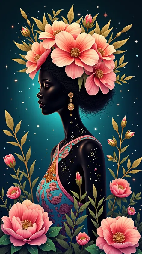 illustrated like a black lucie cousturier flora goddess exotic looking of flowers symbole spirituel, ADN, connected to other universes, to the invisible worlds, pastel colors, shinning light, sacred geometry