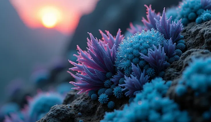 An emotionally charged macro shot of the sharp, jagged rocky surface of an alien BIOMECÁNICO planet, illuminated by the faint, distant glow of a far-off sun. Alien lichens and mosses, with vibrant and intricate designs, release dark black spore clouds from...