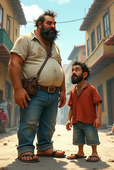 Two characters that one is called Frijol and the other is a gañote, one tall, the other small, they are from humble villages, dirty men with mustaches and ugly beards, not so hairy, wearing old jeans and a white shirt and the other a red shirt, in a city i...