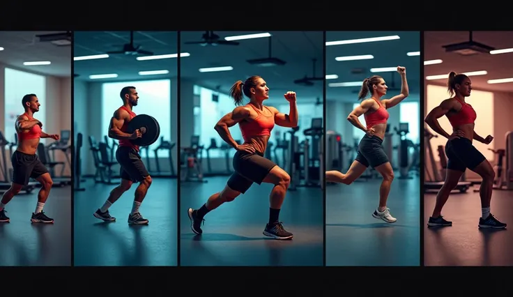 hyperrealistic image in full color .  In the image we can see several photographs of athletes. each photograph is different . The photos recreate different athletic exercises in a gym