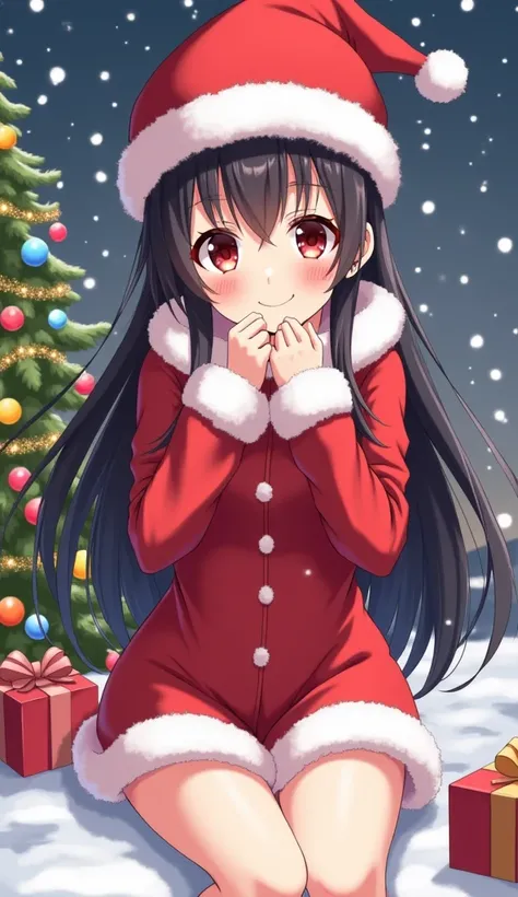 Create an anime-style illustration of Nezuko Kamado from Demon Slayer with a Christmas theme. She should be wearing a Santa hat and a red festive outfit with white fur trim. The background should feature a snowy holiday setting, including a decorated Chris...