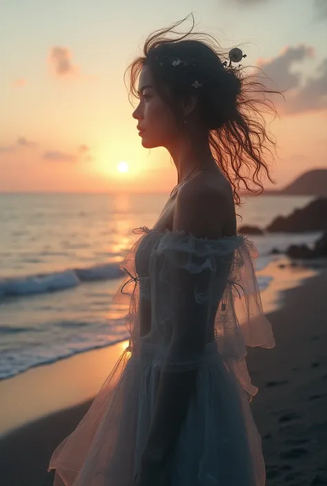  lyrics, 8K ultra HD, Una hermosa double exposure que combina una silueta de diosa con la costa al atardecer,  the coast at dusk should serve as a backdrop ,  with its details incorporated in the goddess , sharp lines, The background is monochrome,  sharp ...