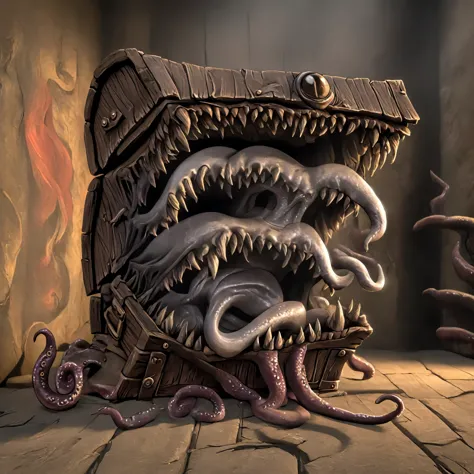  An ancient medieval book with a mouth is a detailed illustration of the creature,  simulating  (( open iron chest well-formed mouth,  sharp teeth , , a long tongue made of a tentacle instead of a tongue :1.2)), ( better quality, 4K, 8 k,  High resolution, masterpiece: 1.2),  ultra detailed ,  clear focus : 1.4, ( Realistic, photo Realistic, photo- Realistic: 1.37), (masterpiece: 1.3), ( better quality: 1.2) , ( high quality: 1.1), (photo Realistic: 1.37), ( volumetric data Extremely detailed : 1.2), ( cinematic lighting: 1.2), (dramatic shadows: 1.2), ( muted : 1.1 ), ,intense lighting, Dramatic lighting ,change of lighting, cinematic lighting,black and white painting ,dramatic shadows,dramatic moments,bright colors, intense colors ,deep contrast, cinematic depth of field , cinematic composition , corner cinematic camera. In the form of a book .