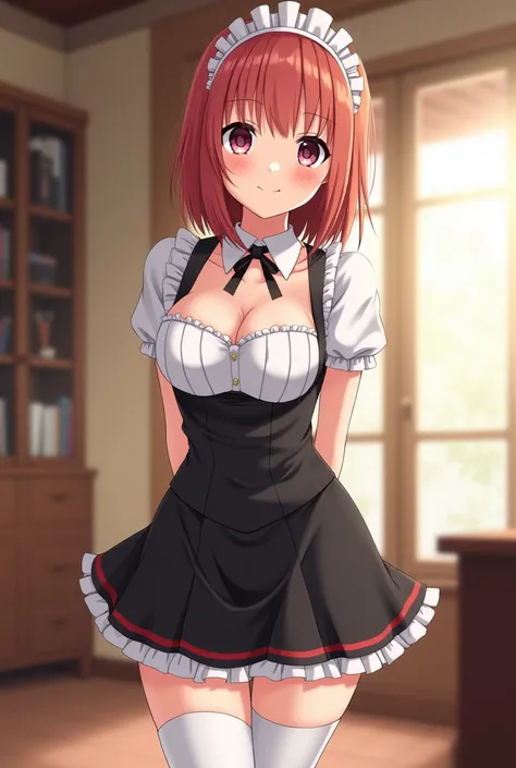 masterpiece,  best quality ,  highres icon, After a , Fujiwara Chika, maid dress, breasts, red tape, short bangs, large breasts, cowboy shot, smile,  inside the house , pose sexy,  breasts para fora, maid, Meidofuku, black maid dress, approval, maid approv...