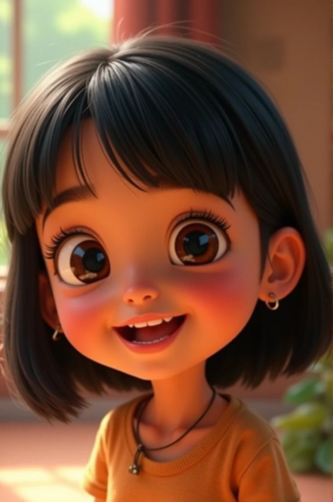 Animated image of a girl with straight black hair, tez morena,  smiling, slanted eyes