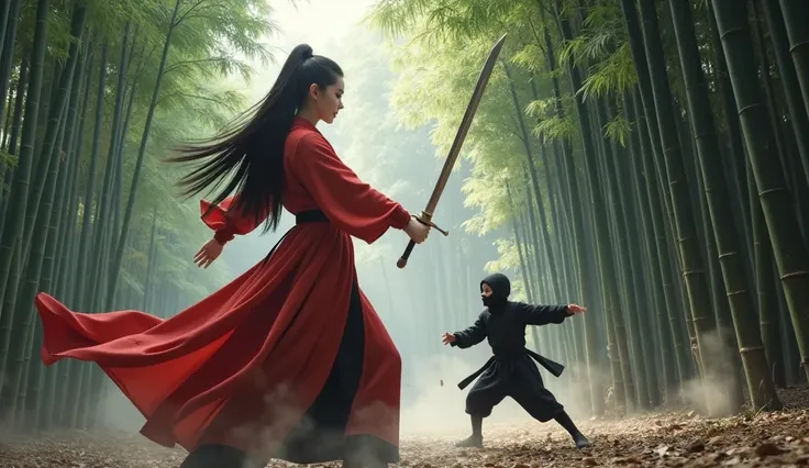 A towering, statuesque female swordsman, standing at an extraordinary height, wearing flowing red robes that flutter dramatically in the wind, dominates the scene in a dense bamboo forest. Her slender figure is both graceful and imposing, her long black ha...