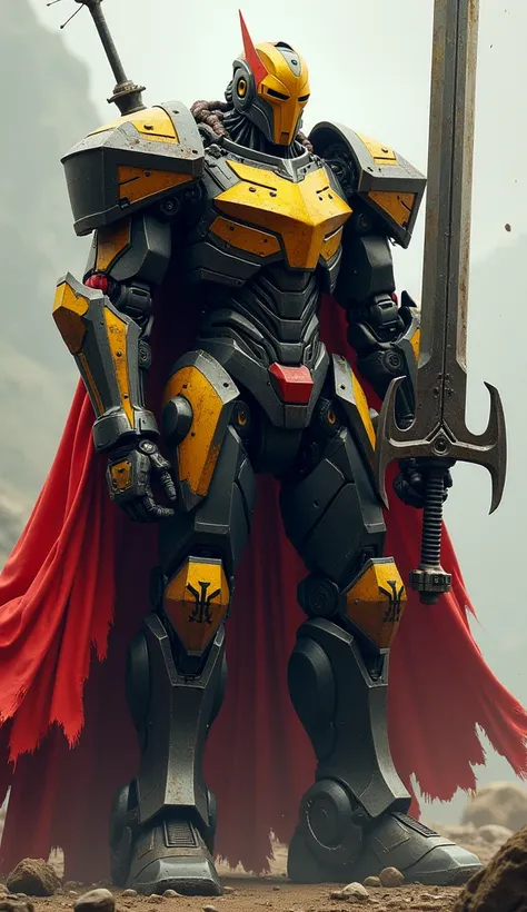 A robotic war general in black, red, and yellow, symbolizing Germany’s flag, with a sharp angular design. Its massive sword is strapped securely, and its cape is torn but flowing.