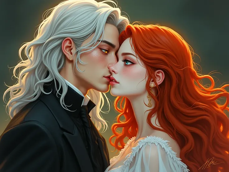 Anime style, fantasy, vintage ,kissing, man, flowing silver-white hair that falls in layered waves around his face, sharp features, yellow glowing eyes, beuty mark below eye, vampire, Beautiful, woman, vivid, wavy red hair, long flowing hair, pale skin, fl...