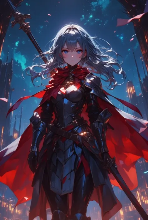 ((caustics:1.3)), (colorful:1.15), (gorgeous light and shadow:1.1), After a medieval battle, ((midnight)), Walking, young female knight, Detailed face, Detailed eyes, perfect finger, gray hair, Black eyes, Red long cape, Depth of field, wind, ethereal drea...