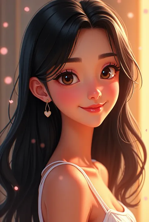 Animated image of a lady with straight and long black hair, tez morena,  smiling, slanted eyes
