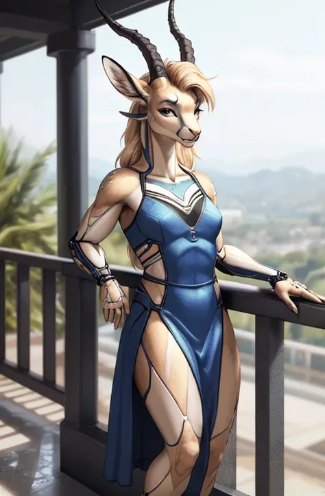  dreamy young muscular cute elegant (Exotic gazelle girl:1.2),  tomboy female ,  looks at the viewer,  looks fascinated ,  detailed eyes ,  medium breasts covered ,  wears an elegant room dress , ( bionic skin implants :1.2), detailed fur,  realistic feath...