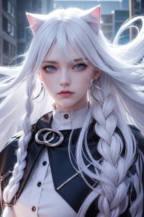 1woman, Long Hair, White Hair, Multicolored Hair, Gradient Hair, Floating Hair, Multiple Braids, evil look, piercing Blue eyes, Horizontal Pupils, cat ears, 8K Octane, Digital Art, Hyperrealism, Photorealistic, Soft Lighting, Unreal Engine, Depth Of Field,...