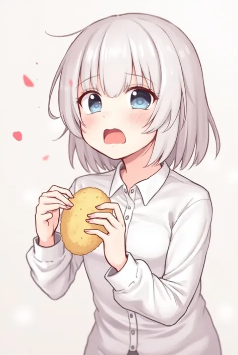 1 , Alone,  short hair, open mouth, blue eyes, fringe, Blush,  Big breasts , blue eyes, open mouth,  Tongue sticking out ,  looking up,  Heterochromia,  red eyes , drooling, open eyes, Food in the face, 