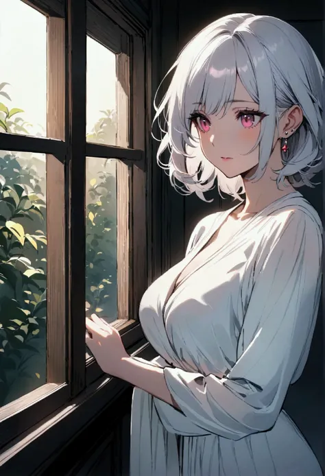 best quality, 1 mature woman, long silver hair, piercing pink eyes, standing by the window, looking at the window, indoors, elegant style, wearing white maxi, calm expression