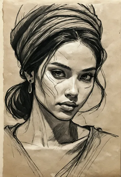  rough charcoal sketch on old paper,  Clean art lines ,+Expression lines, painted in an expressive sketch style , A many-looking girl hatching , Black and white sketch, Handmade, sketchpad, linear style :: Sketch notes Sketch style , linear style ::Sketch ...