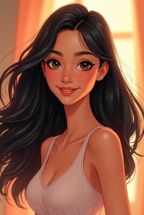 Animated image of a lady with straight and long black hair, tez morena,  smiling, slanted eyes
